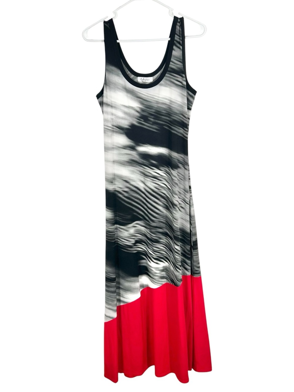 Calvin Klein Abstract Brushstroke Maxi Dress Scoop Neck Colorblock Red